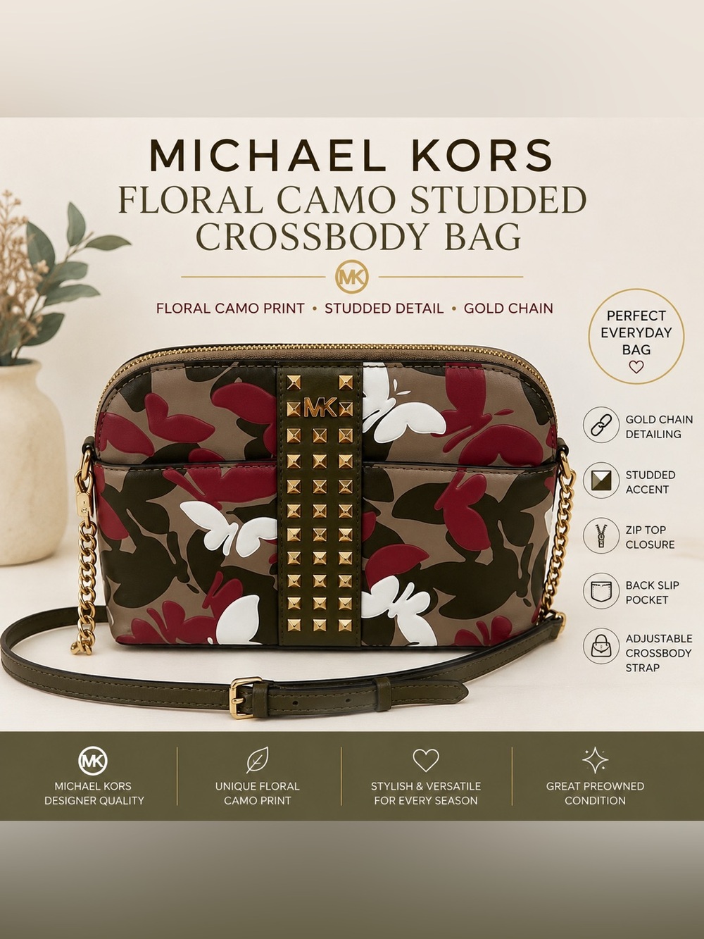 Michael Kors Floral Camo Studded Crossbody Bag Gold Chain